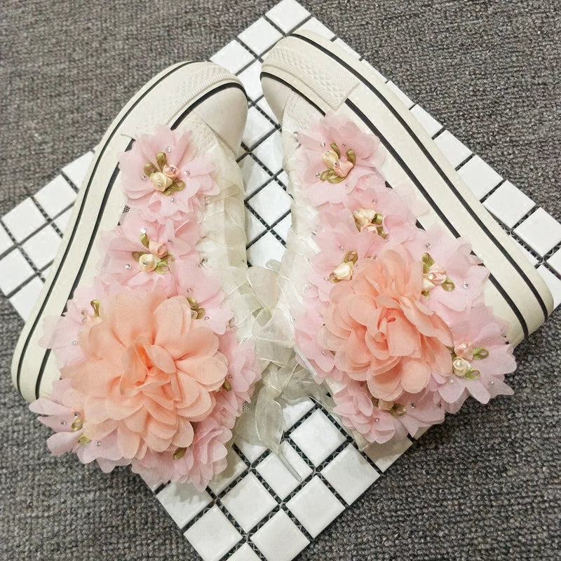 Handmade Flower Canvas Shoes for Women Rhinestones Pink Lace Flower Students Lady Casual Shoes White Platform Sneakers