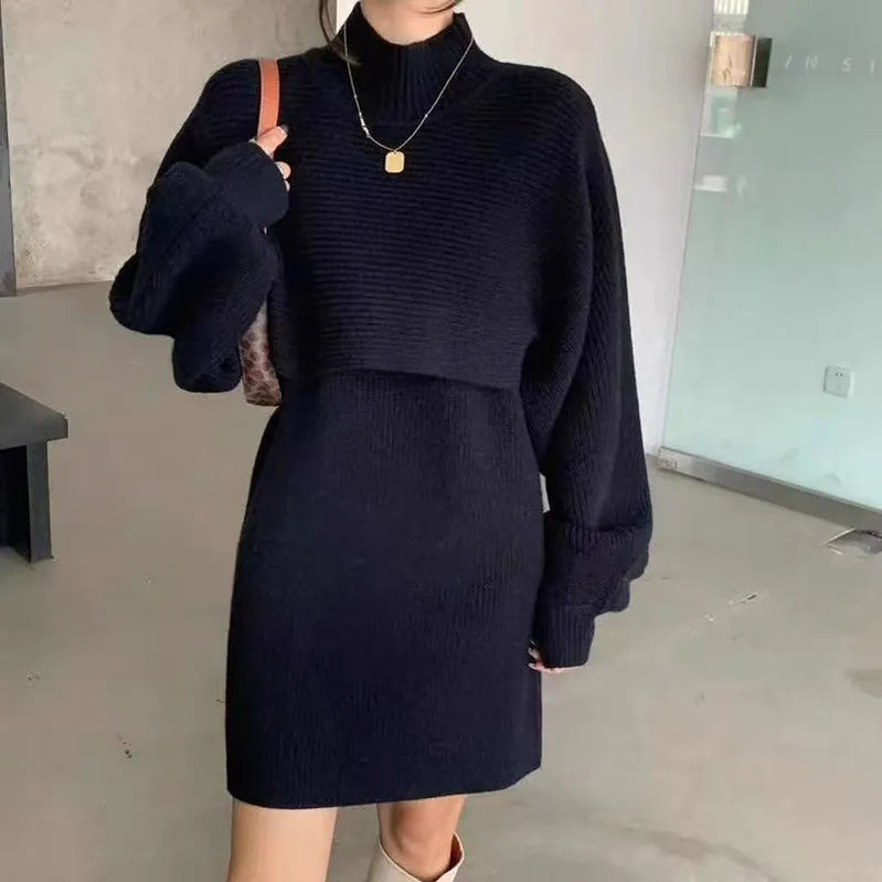 FIGOHR Thick Plain Knitted Dress Sets Women's Elegant Sweaters Lantern Sleeve Shawl and Dress 2 Pieces Outfits Autumn Winter