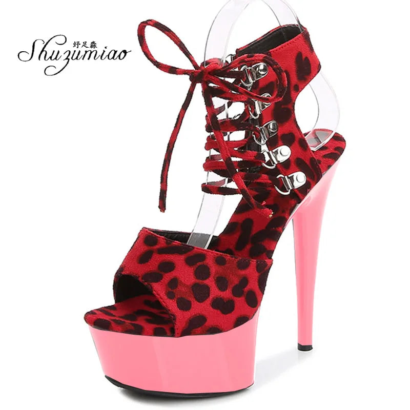 Fashion Shoes Women Stripper Shoes Platform Sandals Girls Leopard Clear High Heels Shoes Strap Sandal Femmes Sandales