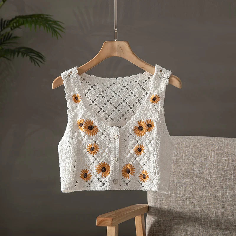 OUMEA Women Summer Cotton Crochet Retro Cropped Knitted Cardigans Daisy Floral Embroidery Sleeveless Button Up Chic Crop Tops style 1 white One Size
