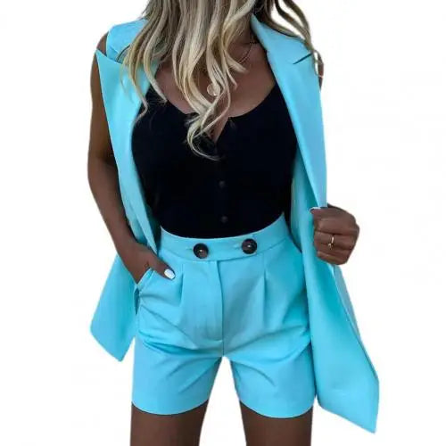2pcs/Set Office Lady Outfits Solid Color Sleeveless Blazer Jacket Coat Wide Leg Shorts Pants Set Woman Summer Sexy Short Suits Sky Blue