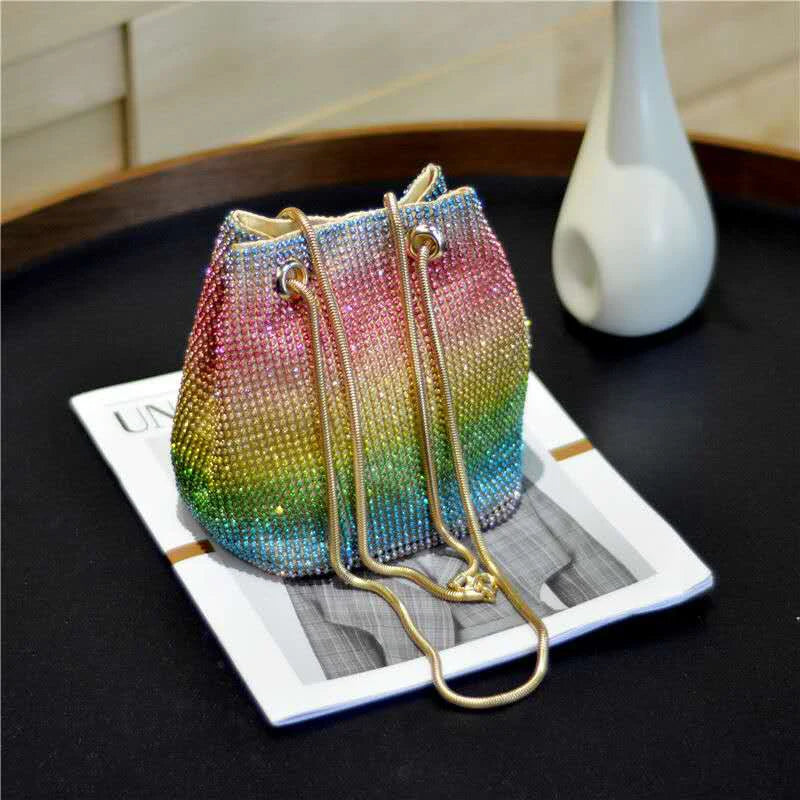 Bucket Women Fashion Evening Bags Diamonds Rainbow Soft Day Clutch Shoulder Snake Chain Rhinestones Party Handbags Wedding Purse