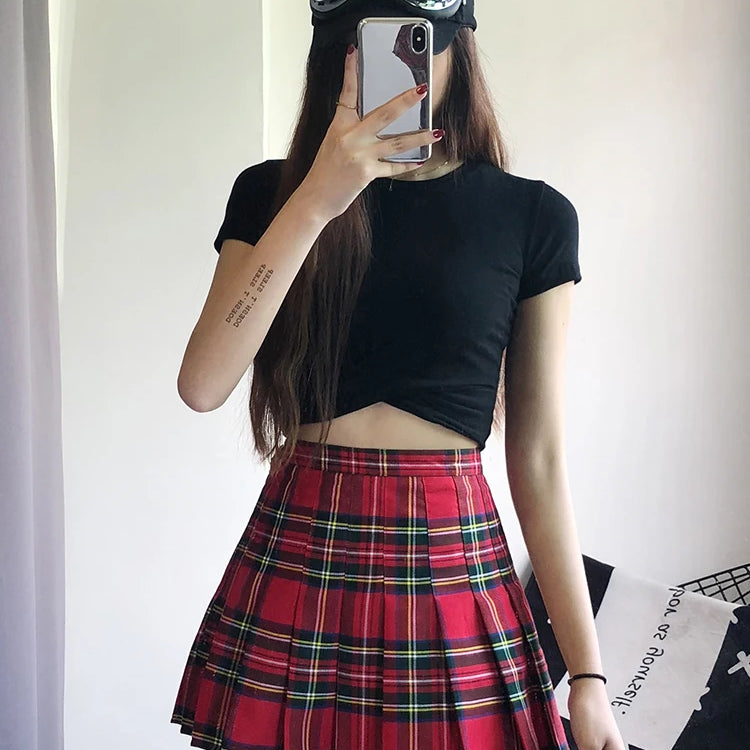 Vintage Red Plaid Pleated Skirt Women Y2k Mini High Waist Kawaii Skirt Female Summer College Style Tennis Short Skirts