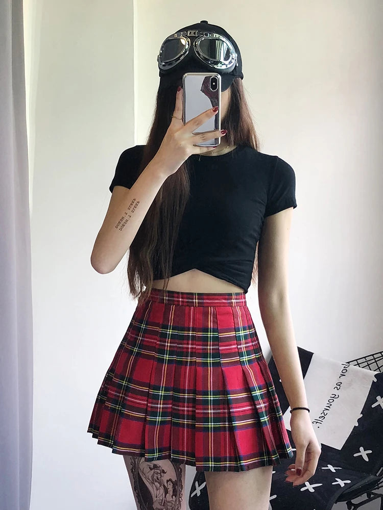 Vintage Red Plaid Pleated Skirt Women Y2k Mini High Waist Kawaii Skirt Female Summer College Style Tennis Short Skirts
