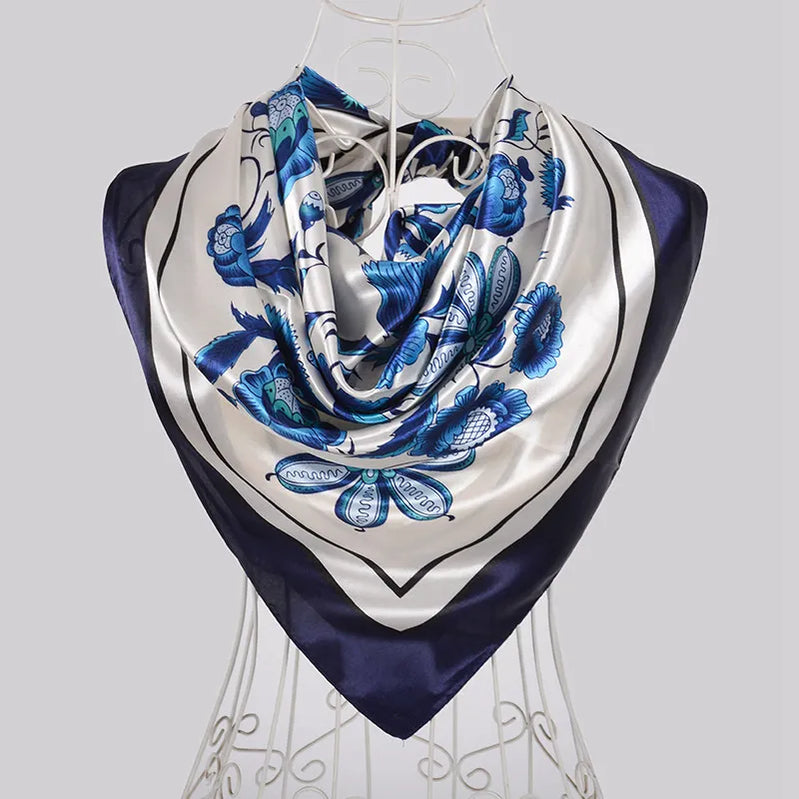 Ladies Green Coffee Square Scarves Printed Women Elegant Satin Large Silk Scarf Shawl 90*90cm Winter Neck Head Scarf blue white
