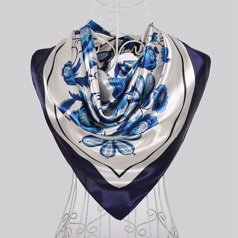 Ladies Green Coffee Square Scarves Printed Women Elegant Satin Large Silk Scarf Shawl 90*90cm Winter Neck Head Scarf blue white