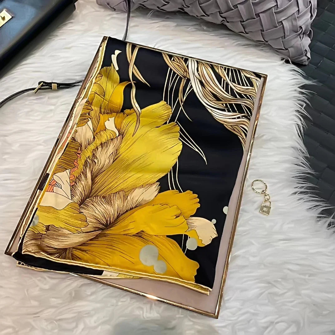 Coffee Gold 100% Mulberry Silk Women's Scarf Bandana Fashion Plaisley Style Square Scarves Hijabs Winter Brand Headscarf Foulard black yellow