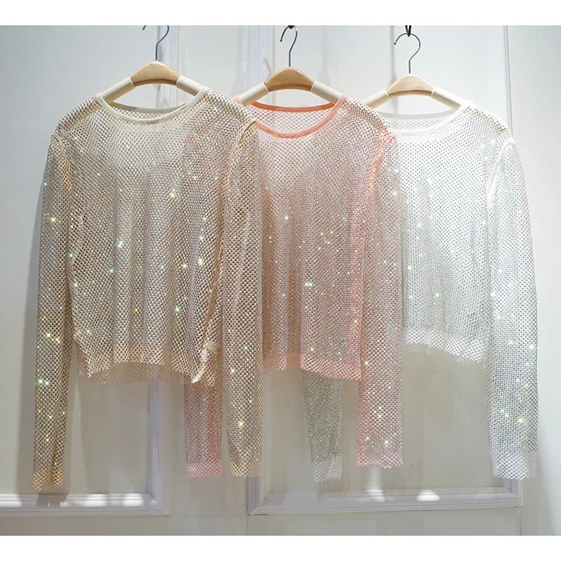 New Ladies Temperament Rhinestone Round Neck Long Sleeve Bright Summer Starlight Hollow Shiny Bottoming Shirt Women's Top Trend