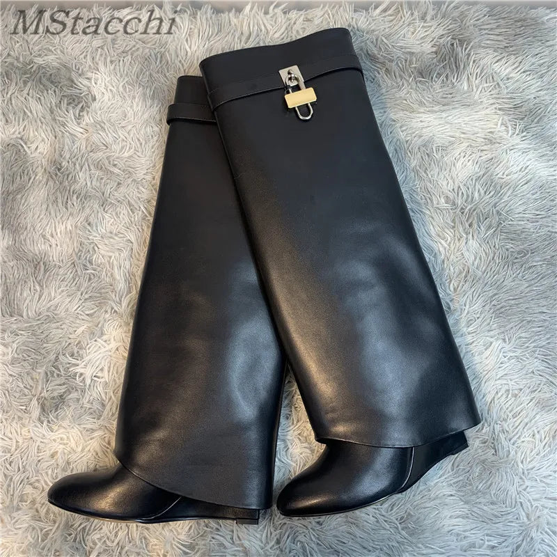 Shark Lock Women Boots Brand Design Genuine Leather Slip-on Knee High Boots For Woman Motorcycle Botas Mujer Fashion Wedge Shoes