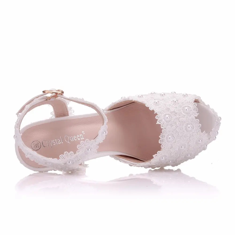 Crystal Queen White Lace Flower Wedding Shoes Slip On Bridal Sandals High Heel Women Pumps Shallow Round Toe