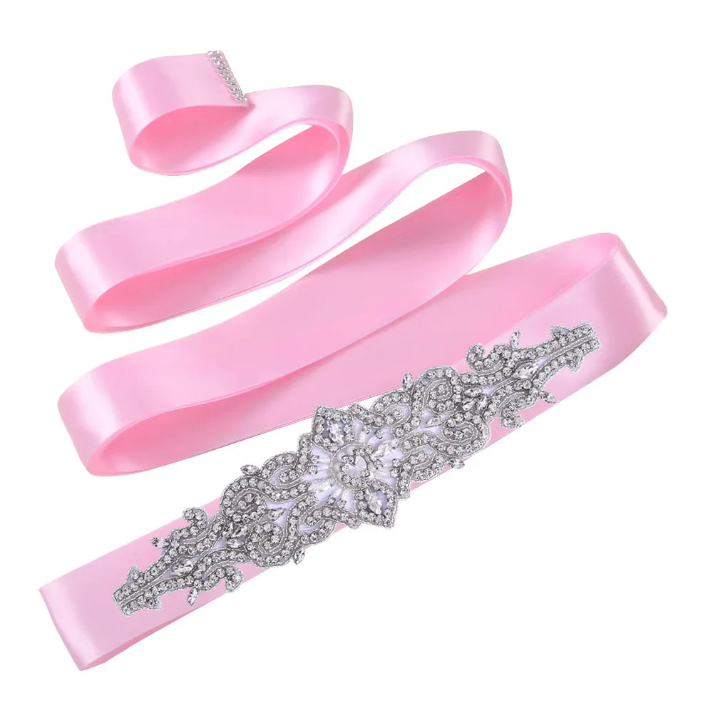 TOPQUEEN S26 Luxury Rhinestones Wedding Dresses Belt Women Crystal Applique Decoration Sparkly for Bride Waistband Bridal Sash Pink ribbon