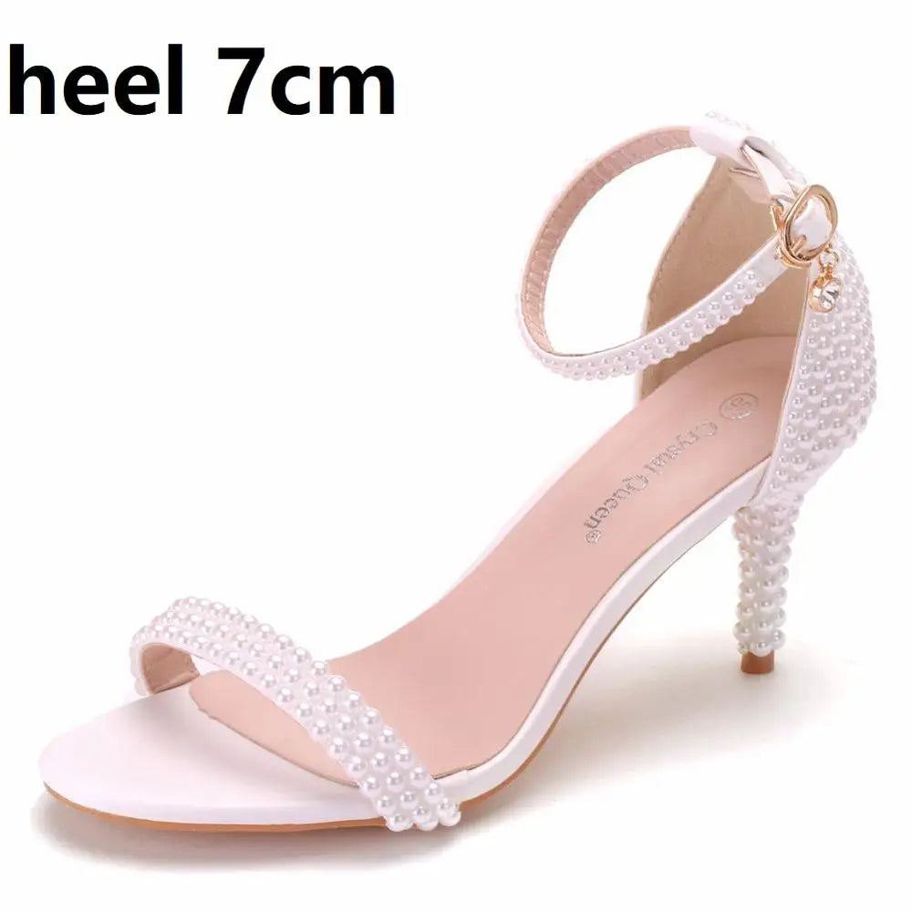 Crystal Queen Bride Wedding Shoes Fashion White Stiletto Woman Ankle Strap Party Dress Sandals Open Toe High Heels Pumps Female heel 7cm