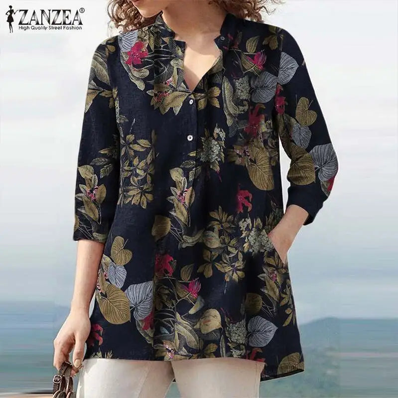 Floral  Printed Blouse Oversized Women Casual V Neck 3/4 Sleeve Shirt Retro Maxi Cotton Tops Bohemian Work Female Blusas