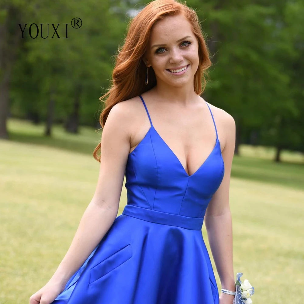Royal Blue Prom Dresses with Pockets Sexy Spaghetti Straps V Neck A-Line Satin Formal Gown for Women