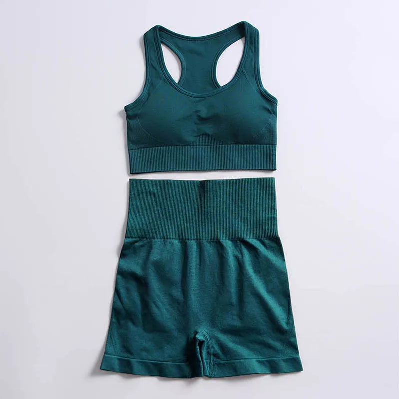 2pcs seamless hyperflex workout sport outfits for women sportswear athletic clothes gym Long Sleeve Crop Top High Waist Leggings Bra shorts Green