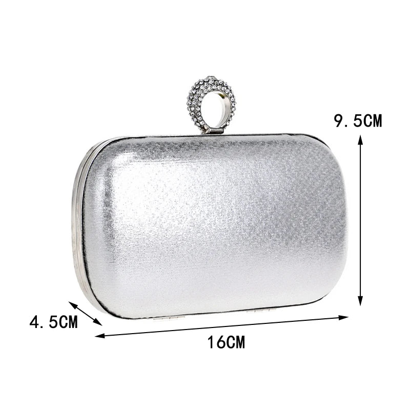 Fashion Finger Ring Women Metal Clutch Bags Diamonds Satin Chain Shoulder Rhinestones Party Handbags Retro Golden Purse