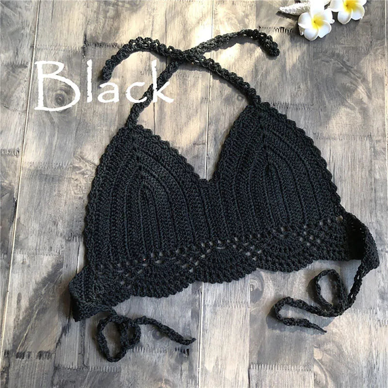 Micro Bikini 2020 Women Handmade Crochet Knit Swimwear Halter Patchwork Bathing Suit Swimsuit Biquini Thong Bikini traje de bano black