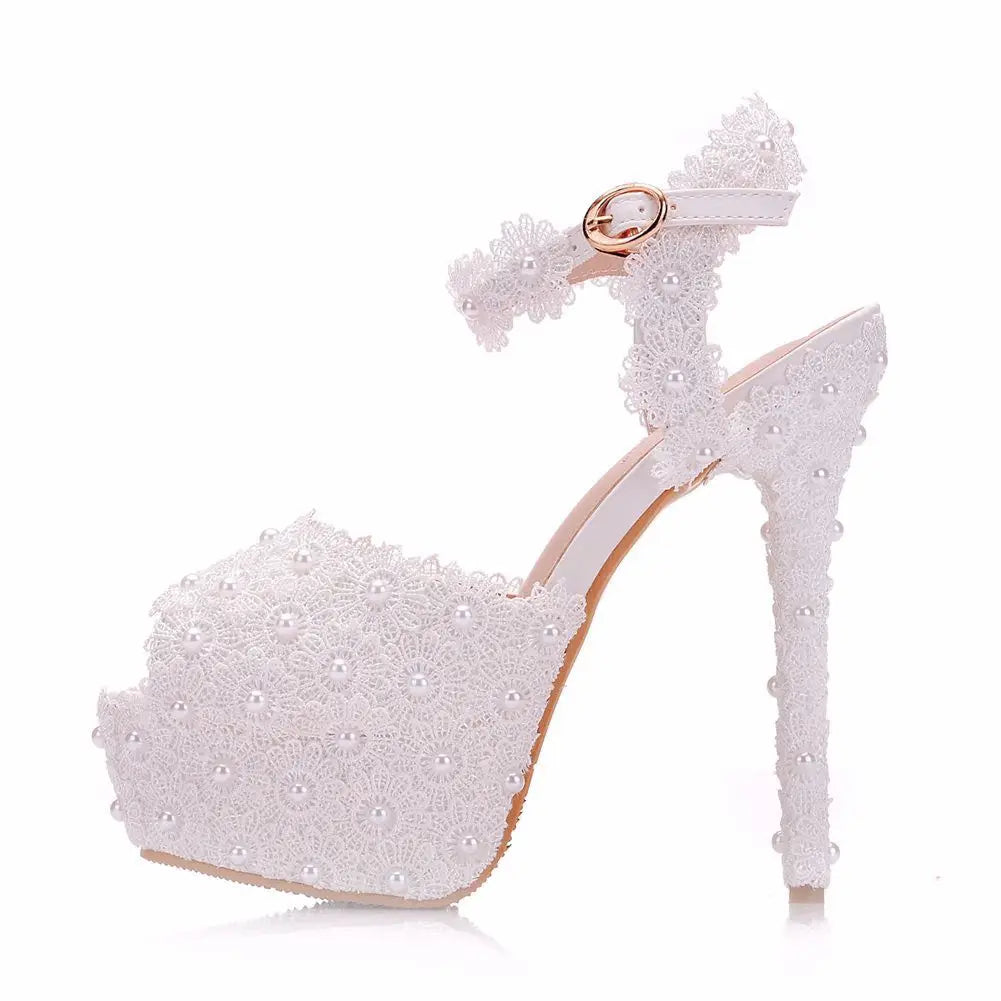 Crystal Queen White Lace Flower Wedding Shoes Slip On Bridal Sandals High Heel Women Pumps Shallow Round Toe