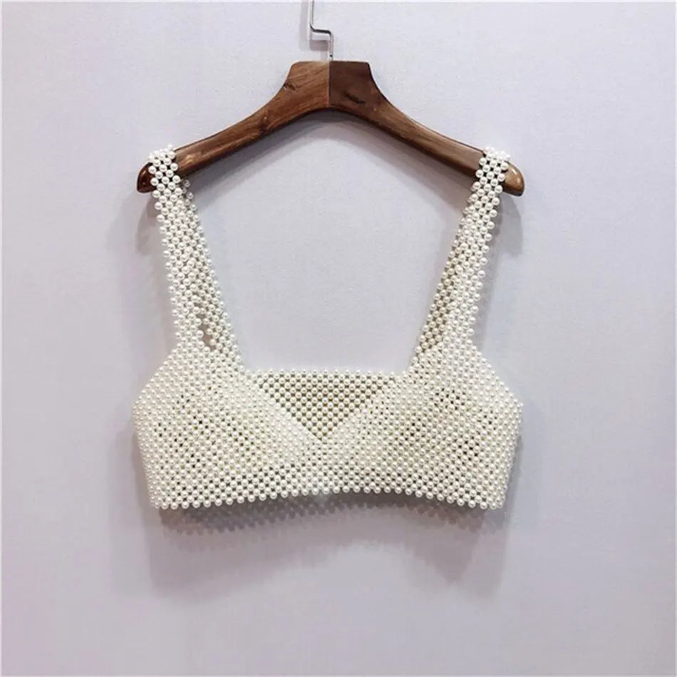 2025 High Street Deep V Neck Pearl Vest Women Fashion Crop Top Ladies White Sleeveless Sexy Club Tank Top Blusas