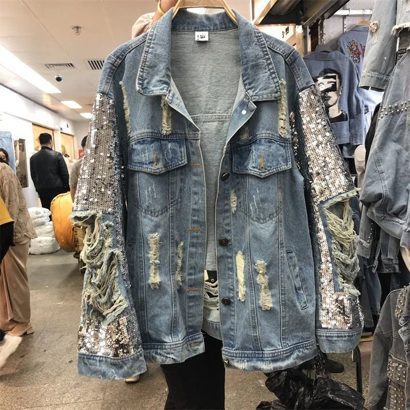 Streetwear Woman Coat Denim European Style Sequin Jacket Female Spring Autumn Jeans Clothes Woman Bling Jacket Coat