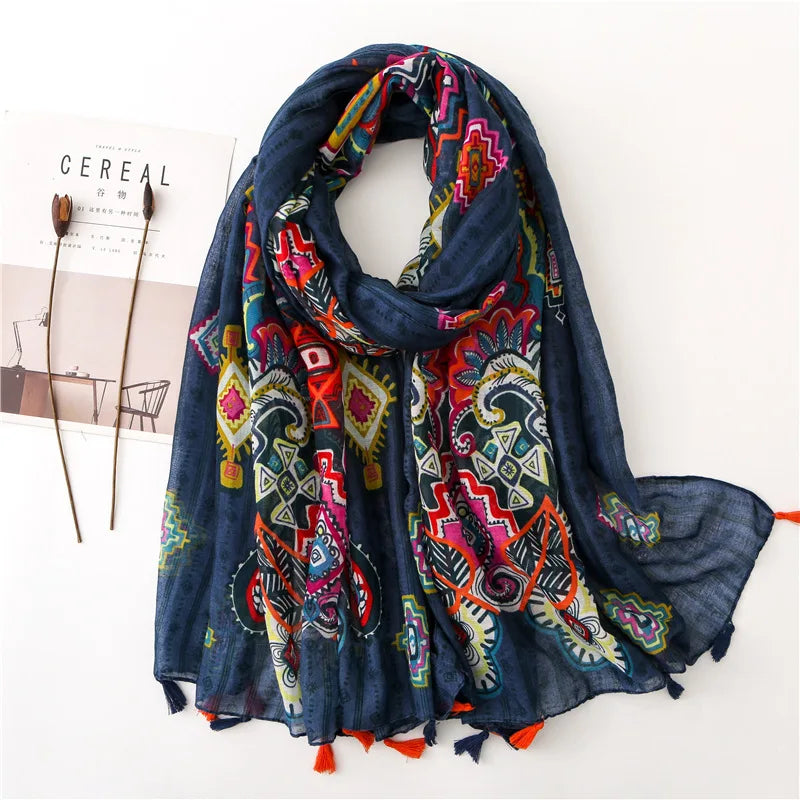 2023 Fashion Paisley Abstract Floral Tassel Viscose Shawl Scarf Lady High Quality Wrap Thin Pashmina Stole Muslim Hijab 180*90Cm 12