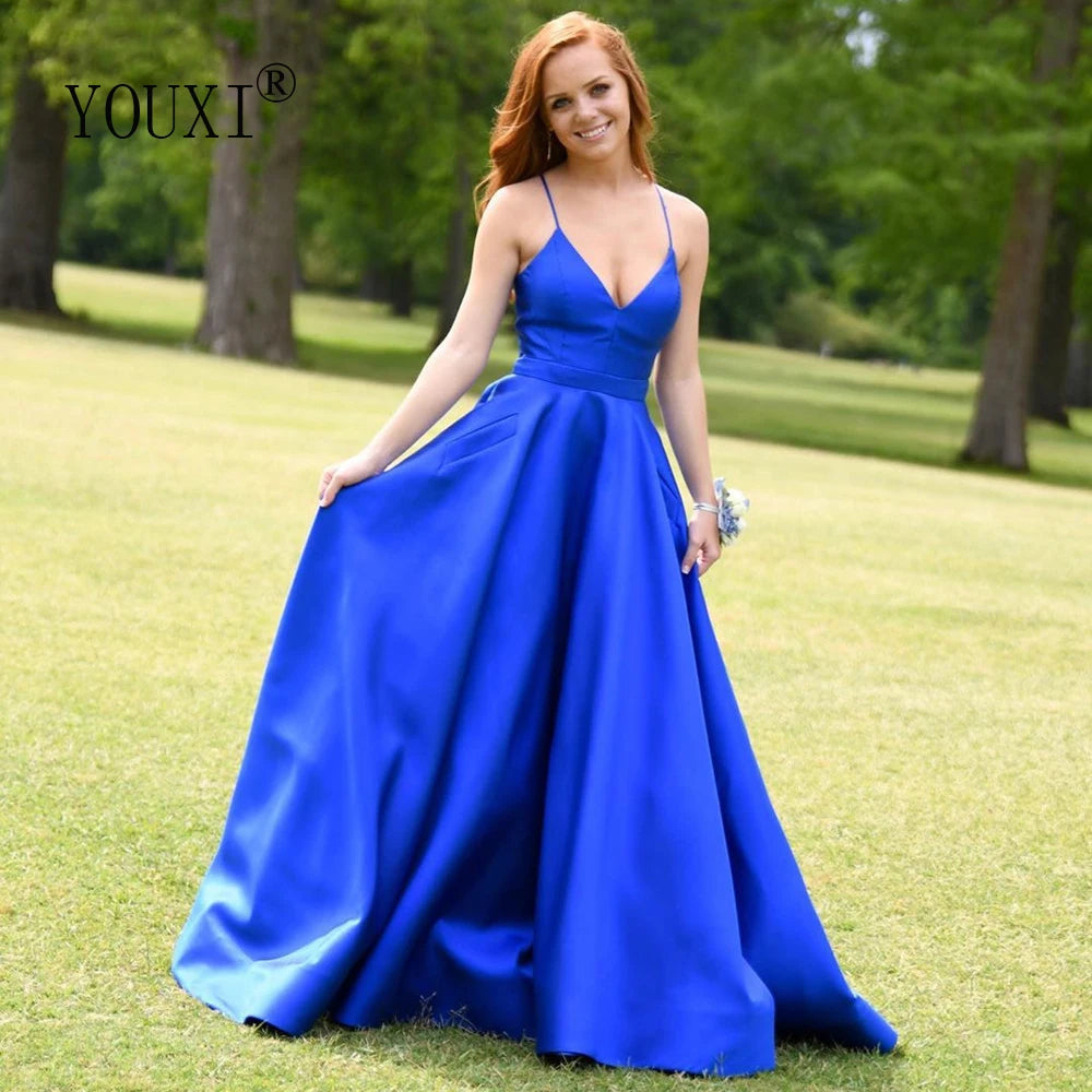 Royal Blue Prom Dresses with Pockets Sexy Spaghetti Straps V Neck A-Line Satin Formal Gown for Women