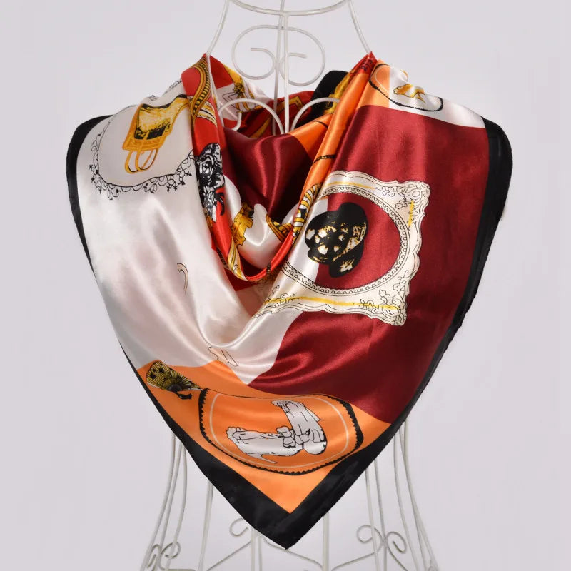 Ladies Green Coffee Square Scarves Printed Women Elegant Satin Large Silk Scarf Shawl 90*90cm Winter Neck Head Scarf wine red black