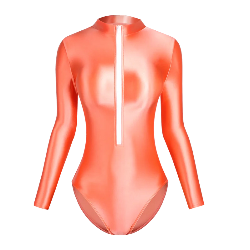 Satin Shiny Japanese Women's Sexy Body Suits Front Zipper Long Sleeve Tight Glossy Silky High Cut One Piece Swimsuit Plus Size Orange