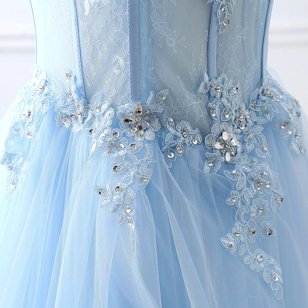 Light Blue Prom Dresses Long Sexy Sweetheart A-Line Tulle Lace Applique Beaded Crystal Women Formal Party Gown