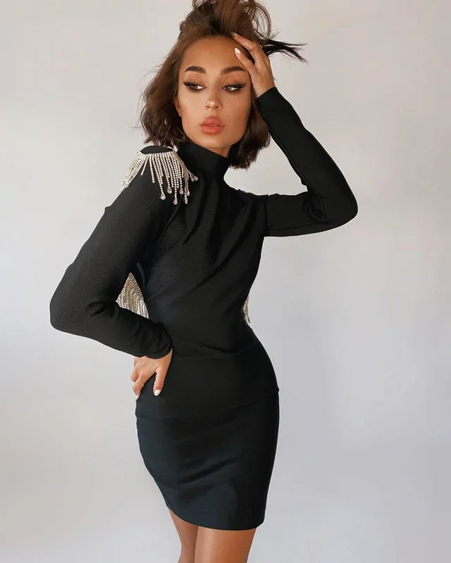 Red Black Sexy Fashion Sparkly Backless Diamonds Tassel Rayon Bandage Dress Cocktail Party Dress Vestidos