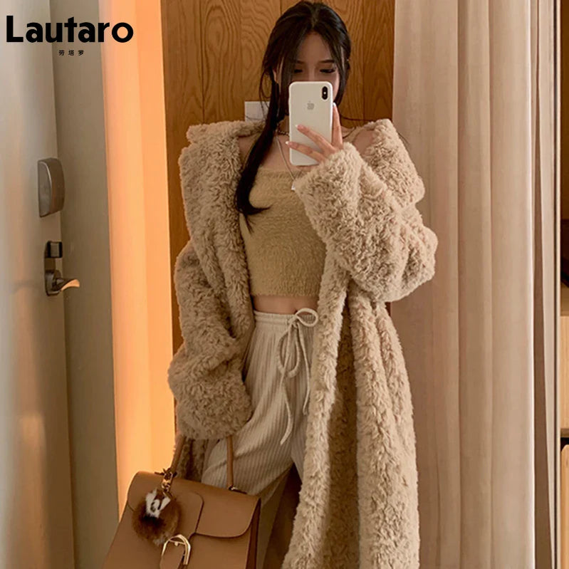 Winter Long Oversized Shaggy Fuzzy Warm Thick Fluffy Faux Fur Coat Women Sashes Lapel Stylish Luxury Korean Fashion 2021