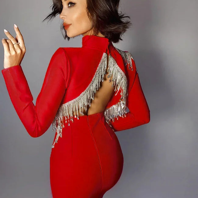 Red Black Sexy Fashion Sparkly Backless Diamonds Tassel Rayon Bandage Dress Cocktail Party Dress Vestidos