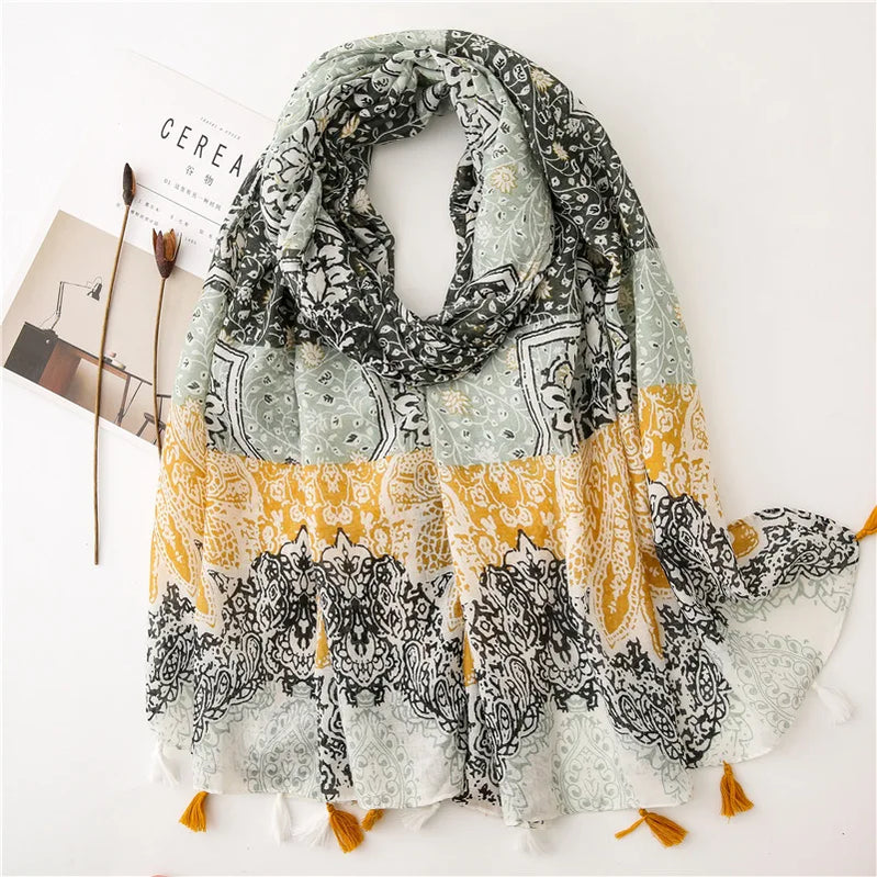 2023 Fashion Paisley Abstract Floral Tassel Viscose Shawl Scarf Lady High Quality Wrap Thin Pashmina Stole Muslim Hijab 180*90Cm 49