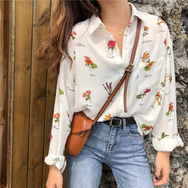 Vintage Floral Print Loose Casual Off White Blouse Women Long Sleeve Female Top Office Ladies Chiffon Blouses Shirts