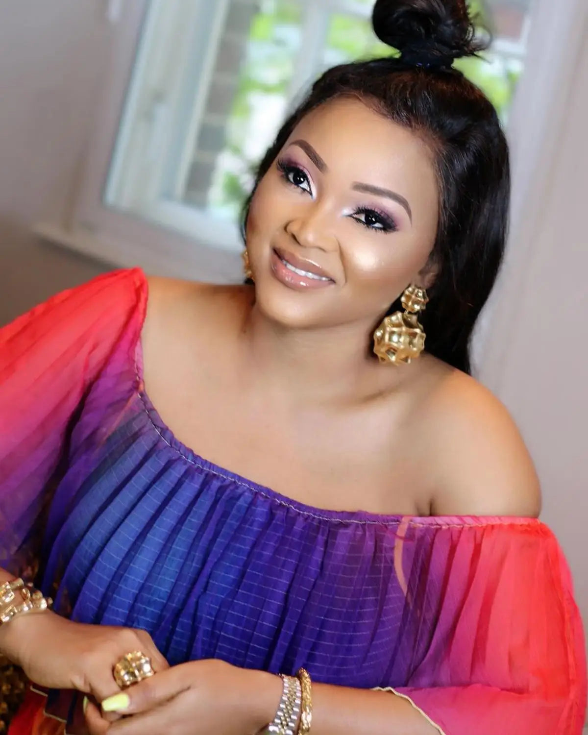 African Woman Dress Press-pleating Decoration Polyester Material Loose Plus Size Off Shoulder Rainbow Color Fashion Long Dress