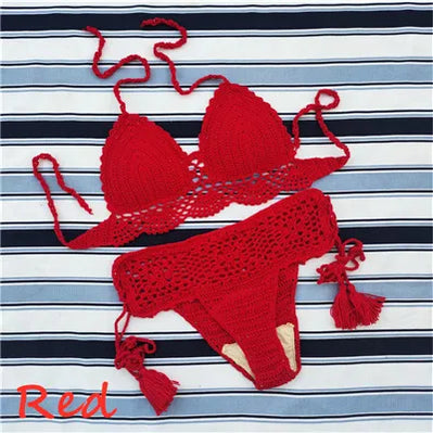 Handmade Crochet Push up Bikini Set Sexy Women Swimwear Crop Top Beach Swimsuit Suit Red