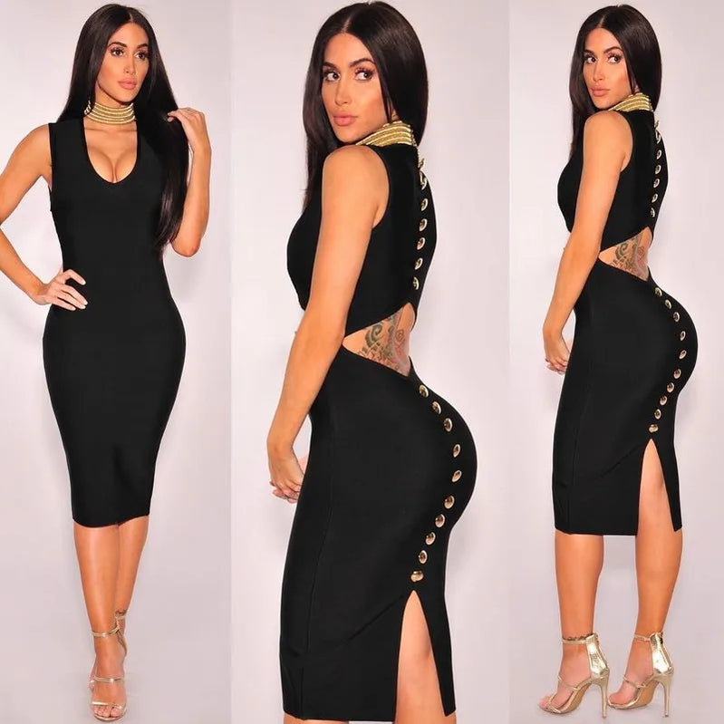 Wholesale Sexy V Neck Cut Out Black Purple Knee Length Women Summer Bandage Dress 2021 Fashion Evening Party Dress Vestido