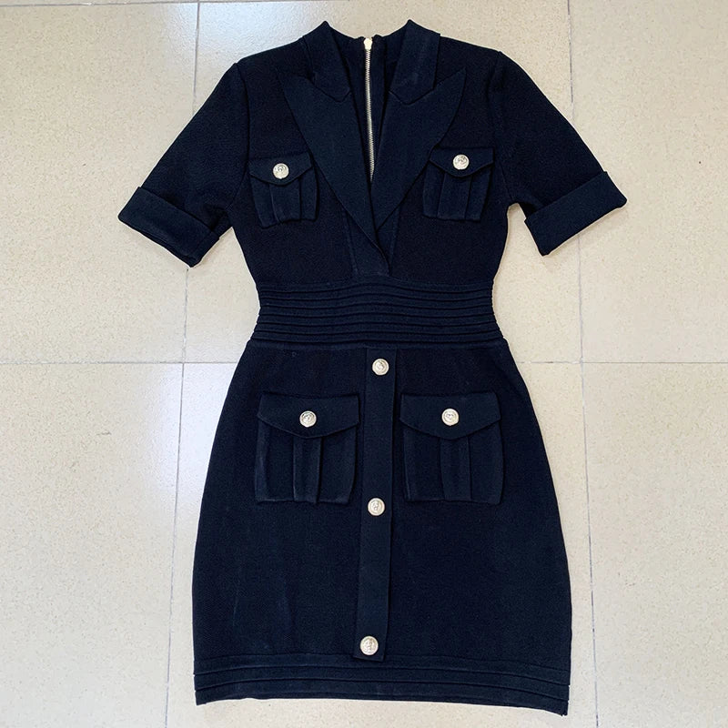 HIGH QUALITY Newest Designer Runway Fashion Women's Short Sleeve Notched Collar Lion Buttons Knitted Dress black