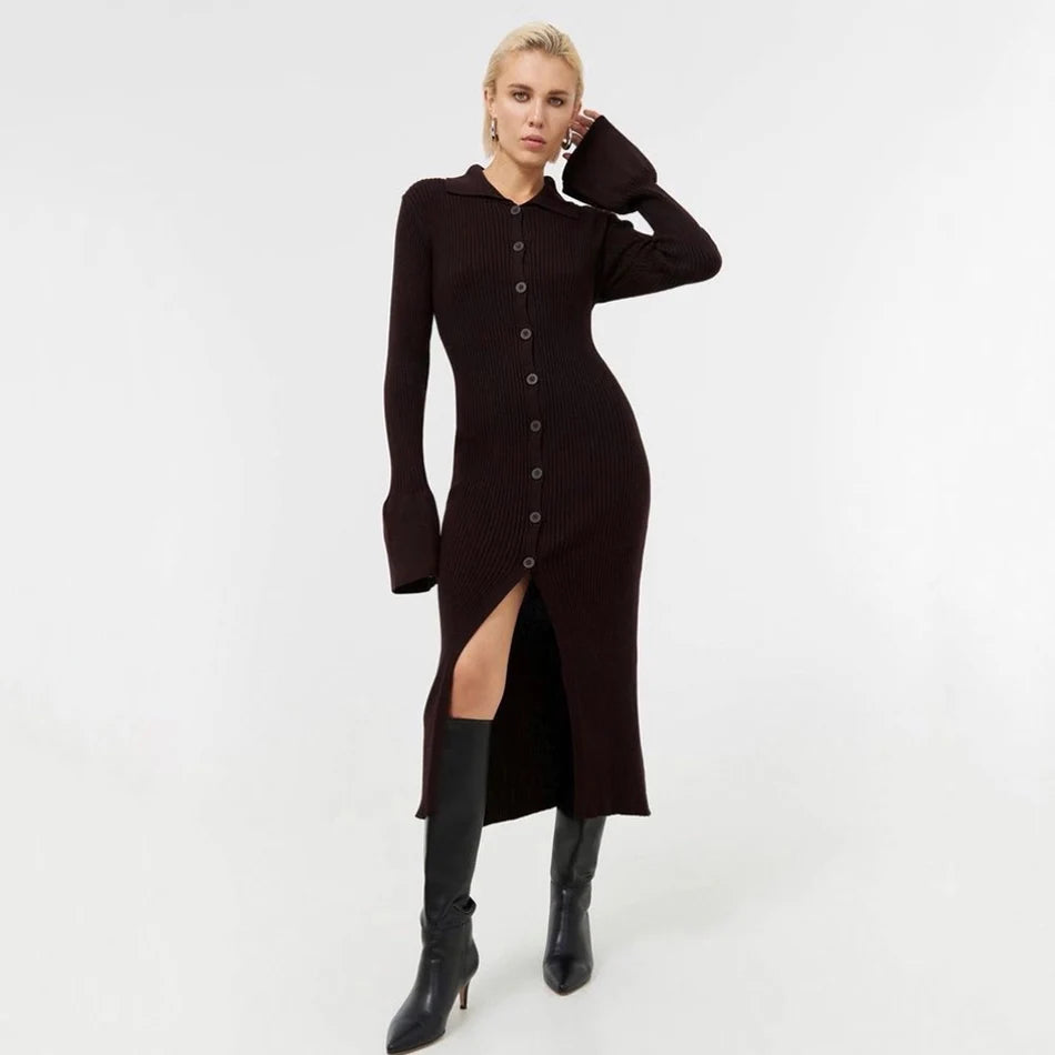 2025  Autumn Bodycon Dress Sweater Knitted Green Women Sexy Midi Split V Neck Long Sleeve Casual Dresses Party Vestidos