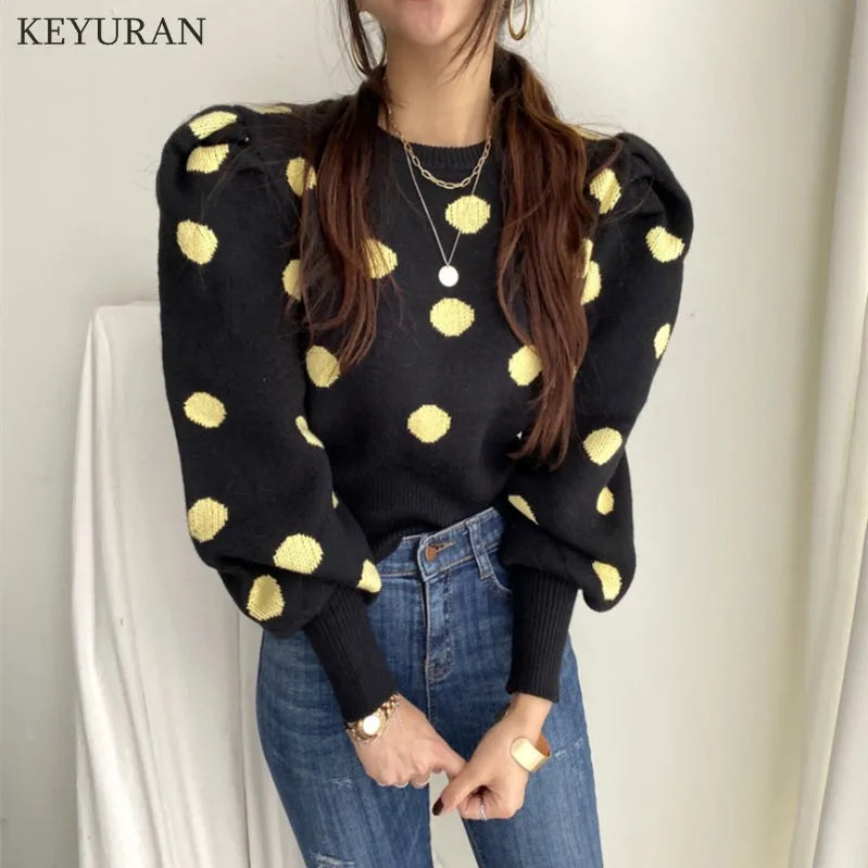 Korean Chic Puff Sleeve Sweater Women Stylish Autumn Winter Polka Dot Pullover Sweater Women's Knitwear Jumper Tops Lady black One Size