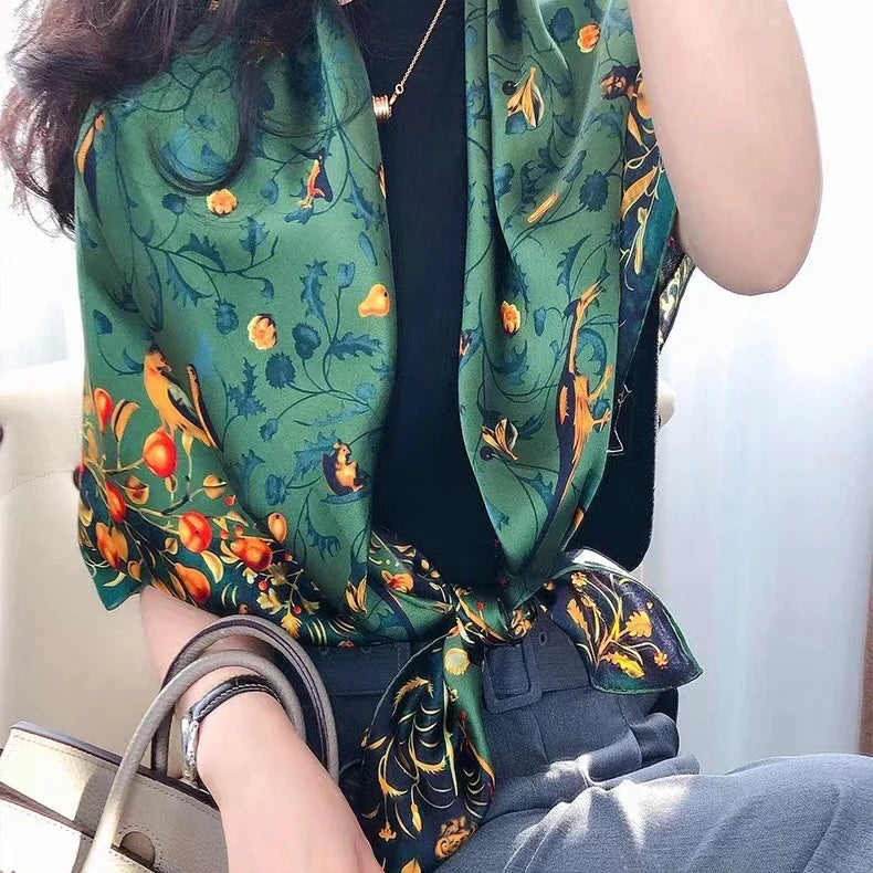 Coffee Gold 100% Mulberry Silk Women's Scarf Bandana Fashion Plaisley Style Square Scarves Hijabs Winter Brand Headscarf Foulard green floral