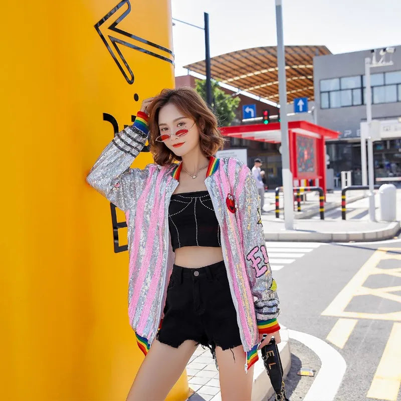 Sequined Cartoon Print New Female Spring And Autumn Korean Loose Fashion Outerwear Coats Long Sleeved Hip Hop Jackets