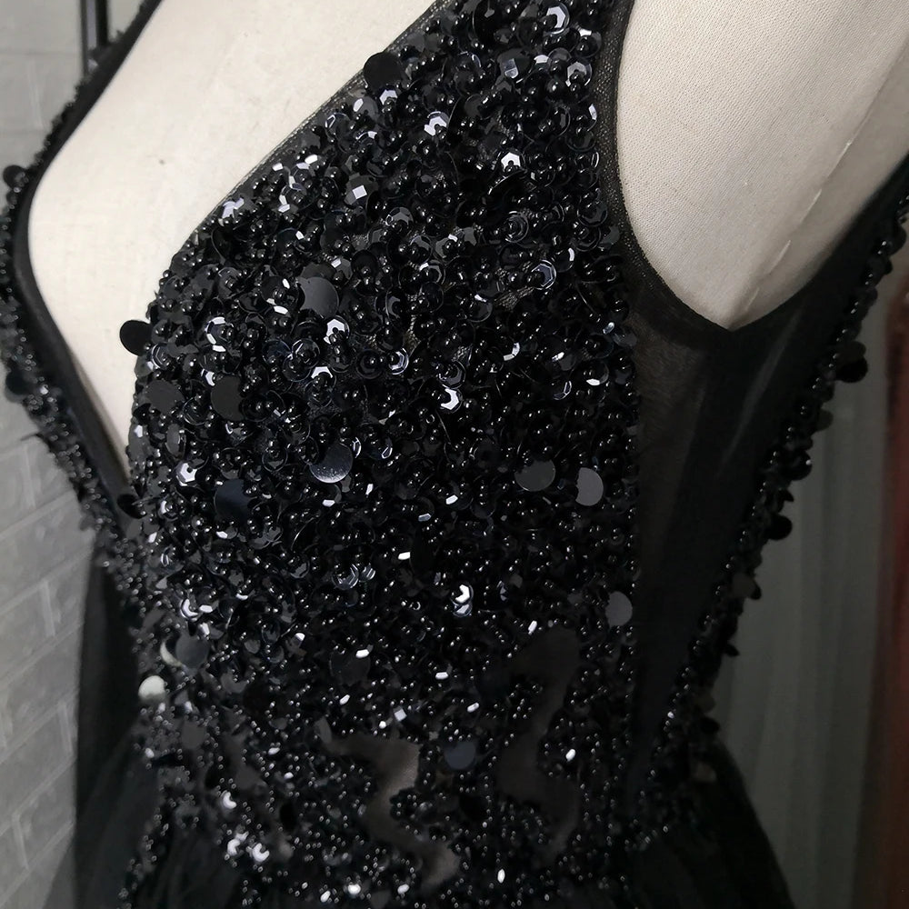 Beading Prom Dresses Long V Neck Light Gray High Split Tulle Sweep Train Sleeveless Evening Gown A-Line Backless Vestido De black