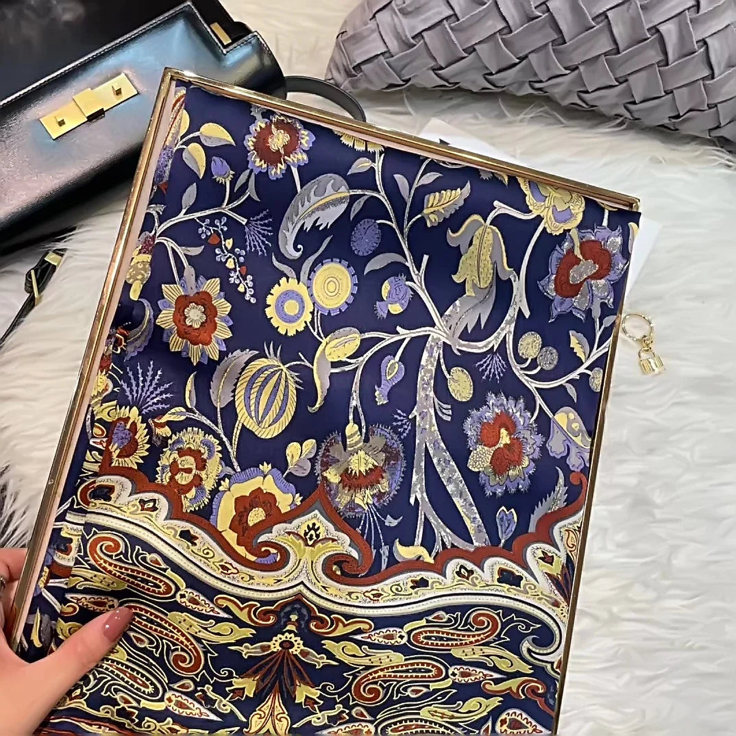 Coffee Gold 100% Mulberry Silk Women's Scarf Bandana Fashion Plaisley Style Square Scarves Hijabs Winter Brand Headscarf Foulard navy blue