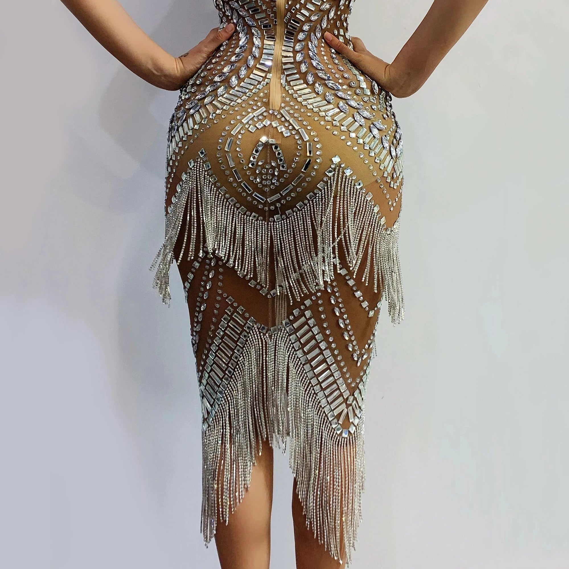 Luxury Evening Gowns Dress Transparent Dress Birthday See Through Sexy Rhinestones Chain Outfit Women Singer dresses