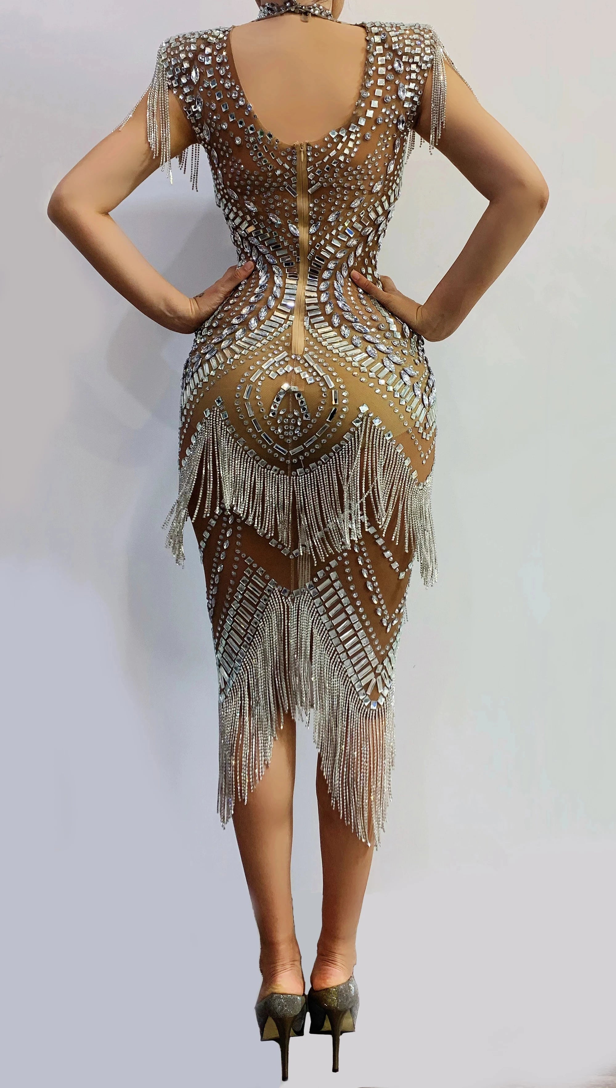 Luxury Evening Gowns Dress Transparent Dress Birthday See Through Sexy Rhinestones Chain Outfit Women Singer dresses