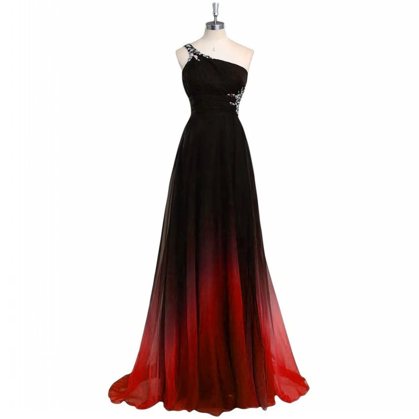 Sexy Criss-Cross Back One Shoulder Ombre Blue Black Red Chiffon Long Prom Dresses Formal Party Gowns