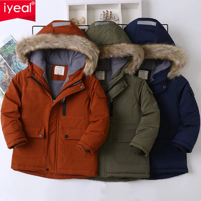Boys Coats Autumn Winter Fashion Hooded Fur Children's Plus Velvet Warming Cotton Outerwear For Kids Jacket 5-14 Years
