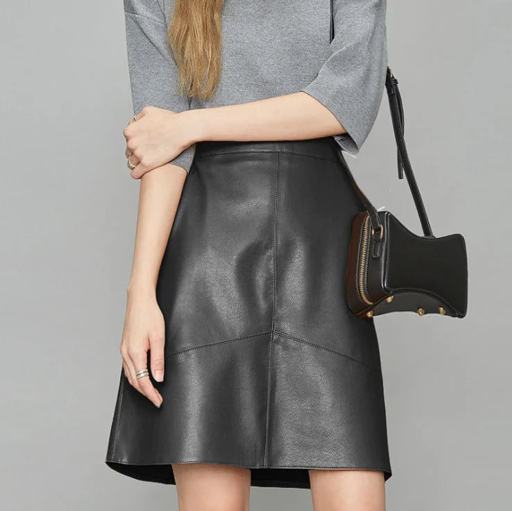 Autumn New Fashion Elegant Women Pu Leather Skirt Casual High Waist Mini Skirt Ladies A-Line Short Skirts Black Gray Green black
