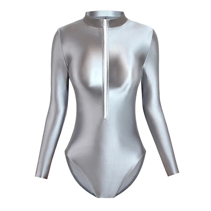 Satin Shiny Japanese Women's Sexy Body Suits Front Zipper Long Sleeve Tight Glossy Silky High Cut One Piece Swimsuit Plus Size Light Gray